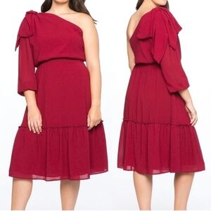 NWT Eloquii One Shoulder Bow Detail Tiered Ruffle Midi Dress in Raspberry 22W